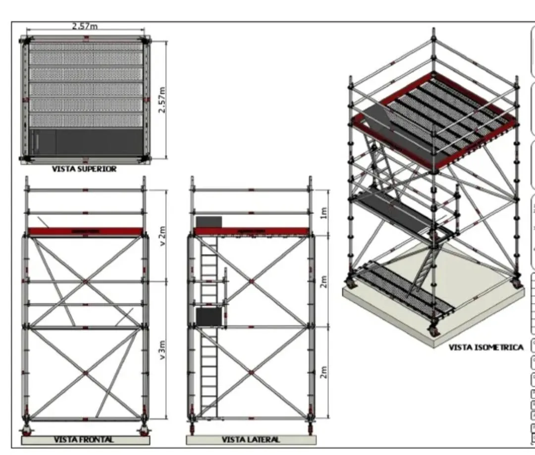 Plano técnico de torre de andamio de 2,57 por 2,57 metros con vistas superior, frontal, lateral e isométrica y escalera interna