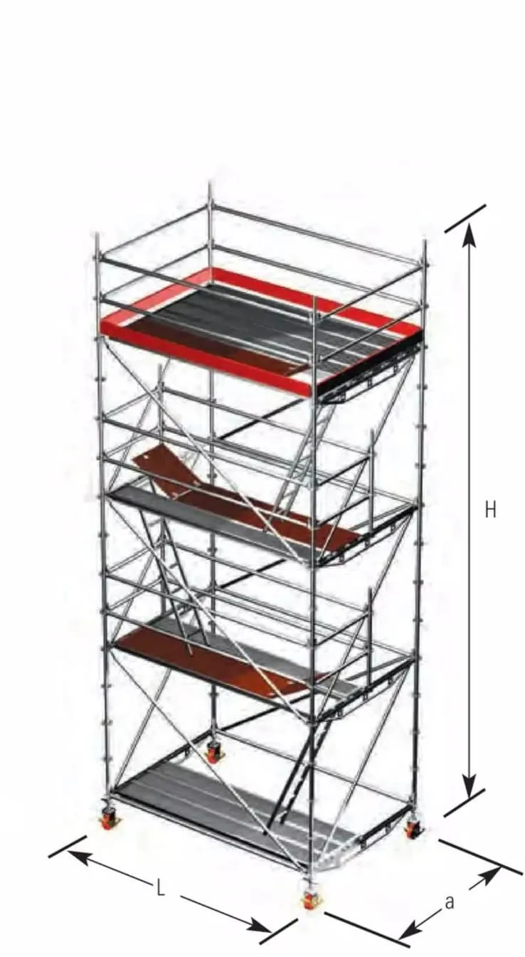 Torre de andamio móvil de cuatro niveles con ruedas, plataformas, escaleras internas y cotas de altura, largo y ancho