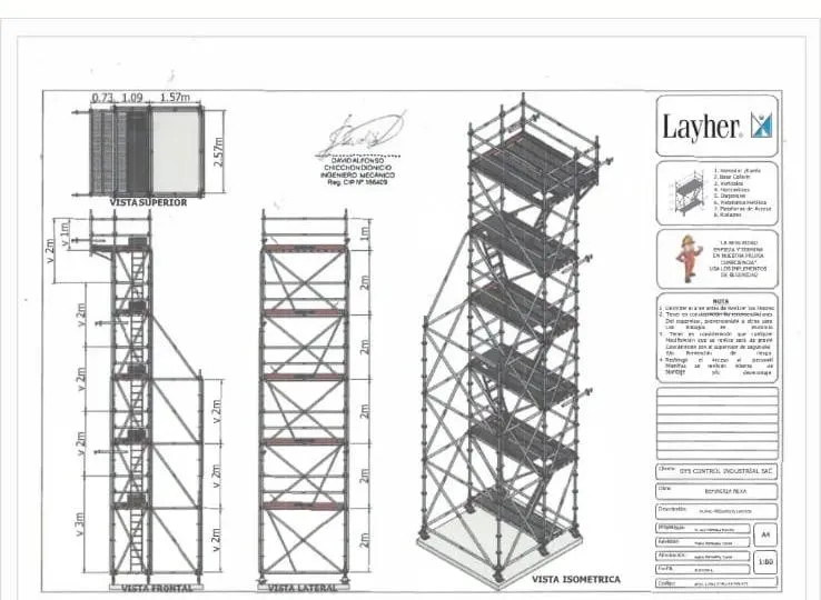 Plano técnico Layher con vistas superior, frontal, lateral e isométrica, sello de ingeniería y leyenda de componentes